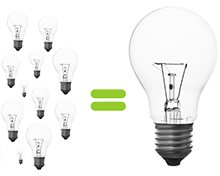 Small lightbulbs, equals sign then large lightbulb